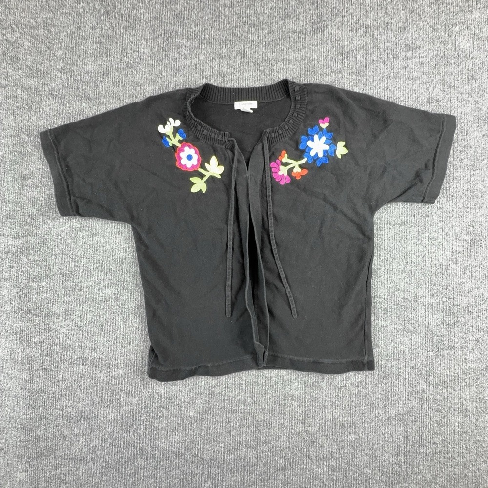 Hampshire Studio Sweater Womens Large Black Floral Embroidered Short Sleeve